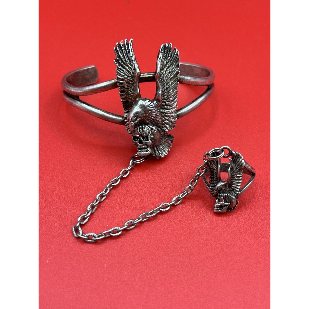 Vintage G&S Silver Toned Flying Eagle & Skull Motorcycle Slave Bracelet